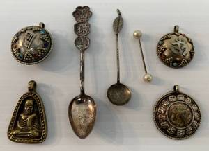 lot 76 image: Group Of Misc. Vintage Oriental Items Including Spoons, Necklace Pendants Possible Silver