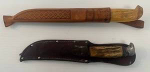 lot 111 image: Vintage Bone Handled Knife With Leather Sheath And Marttiini Fillet Knife Made In Finland