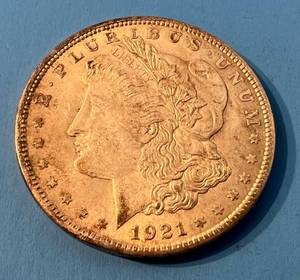lot 132 image: 1921 Morgan Silver Dollar No Mint Mark In Plastic Protector