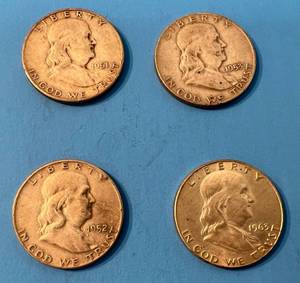 lot 138 image: Four Franklin Half Dollars 1951S, 1952D, 1953D, 1963D