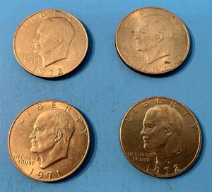 lot 139 image: Four Eisenhower Dollars 1971, 1972, 1972D, 1776-1976 Bicentennial
