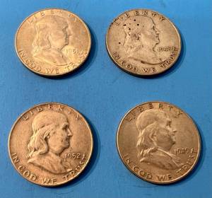 lot 144 image: Four Franklin Half Dollars 1948D, 1949S, 1951S, 1952D