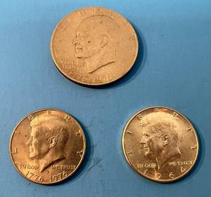 lot 148 image: One Eisenhower Bicentennial Dollar, One Kennedy Bicentennial Half Dollar And One 1964D Kennedy Half Dollar