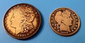 lot 149 image: 1921S Mogan Silver Dollar, 1908 O Barber Half Dollar