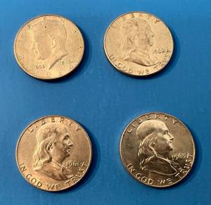 lot 163 image: 3 Franklin Half Dollars 1961D, 1962D, 1963D  And Kennedy Half Dollar 1964D