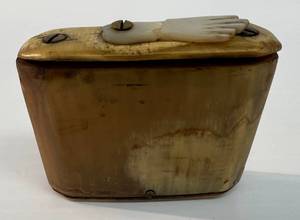 lot 179 image: Very Old Civil War Era  Bone Handcarved With Mother Of Pearl Glove Closure & Brass Screws Snuff Bottle (ONE OF A KIND) 2 14 W x 1 78 T x 58 D