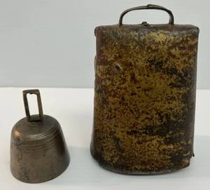 lot 184 image: Two Antique Brass Bells 1 6 14 Cow Bell And 1 3 12 Cow Bell