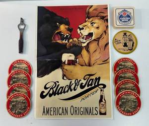 lot 186 image: Group Of Misc. Beer Advertisemnet Items Including  Misc. Coasters, Anheuser- Busch Poster And Vat 69 Bottle Opener