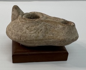 lot 196 image: Ancient Roman Oil Lamp On Wooden Base 3W x 1 12T