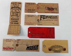 lot 208 image: Group Of 1940s  Antique Fur Trade Tags In Protective Sleeves (VERY COOL)