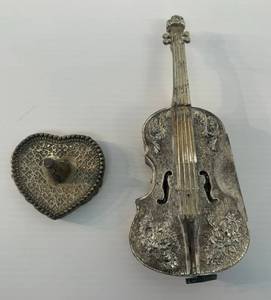 lot 232 image: Two Vintage Ornate Silver Tone Items 1 Violin Music Box (Works) 1 Heart Shaped Ring Stand