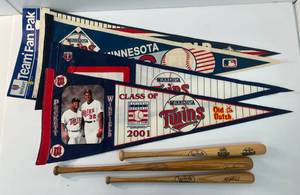 lot 248 image: Group Of Vintage Misc. Including Minnesota Twins 30 Pennants And Three Miniature Louisville Slugger Bats
