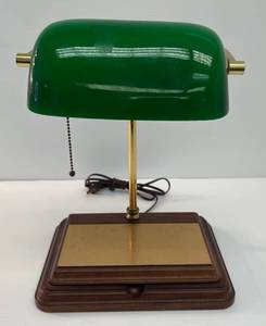 lot 249 image: Vintage Brass, Glass And Wood Table Lamp With Pen Box  14 12 T x 11 W x 8 D