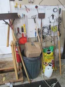 lot 33 image: Floor scraper, gardening tools, pot...