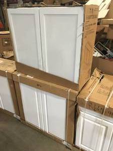 Lot od Assorted Hampton Bay Assembled  white Kitchen Cabinet  Varius Sizes and conditions Customer returns
