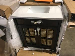 Drysdale 30 in. Wx 34.5 in. H Bath Vanity in Sable with Engineered Stone Vanity Top in Lgt Vein Carrera with White Basin by Home Decorators Collection Customer Returns See Pictures