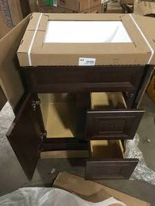 Sedgewood 24.5 in. W Configurable Bath Vanity in Cognac with Solid Surface Top in Arctic with White Sink by Home Decorators Collection Customer Returns See Pictures
