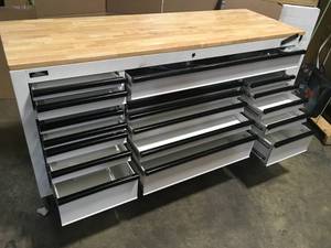 72 in. W x 24 in. D Heavy Duty 18-Drawer Mobile Workbench Cabinet with Adjustable Height Wood Top in Matte White by Husky Customer Returns See Pictures