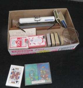 lot 35 image: BOX OF CARDS, A TRAIN PEN HOLDER, AND A TWINS CUP