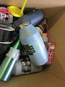 box of water bottles and cups some ...