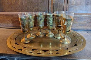 lot 40 image: Vintage Brass Tray With Six Metal Framed Glasses