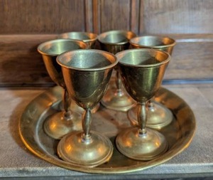 lot 41 image: Vintage Brass Tray With Six Brass Chalices