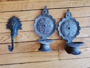 lot 357 image: Cast Iron Hook And Two Candle Sconces