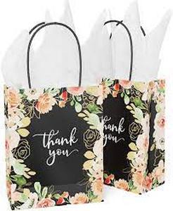 lot 69 image: Thank You Gift Bags 40 Pack 8 X 4 X 10 Medium Size Paper Bags With Handles Floral Design Thank You Bags For Business, Boutique, Gifts, Wedding Favors