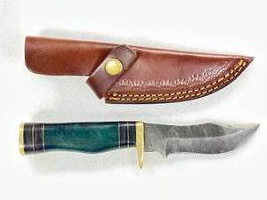 Custom Damascus Knife with Leather Sheath 8 Inch Long