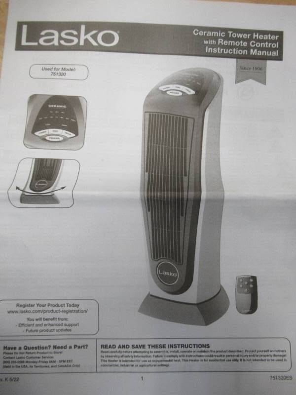 lot 377 image: Lasko Oscillating Ceramic Tower Space Heater for Home with Adjustable Thermostat