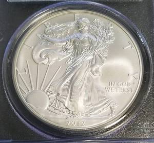 lot 05 image: 2012-S AMERICAN SILVER EAGLE MS70 PCGS FIRST STRIKE FLAG LABEL