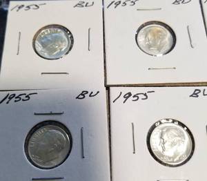 lot 41 image: GROUP OF 6 US SILVER 1955 BU ROOSEVELT DIMES