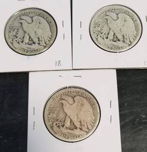 lot 21-B image: 3 WALKING LIBERTY HALF DOLLARS 1923-S 1928-S 1929-S