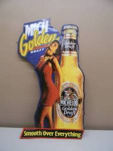 lot 16 image: RARE - Vintage Michelob Golden Draft Beer Tin Metal Sign, Sexy Lady -  AWESOME PIECE - APPROX 35 By 18 - SEE PICTURES