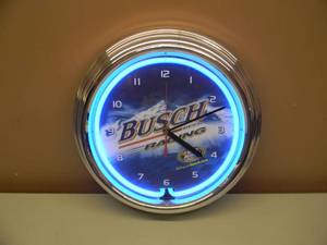 lot 18 image: BUSCH BEER RACING NEON CLOCK - WORKS - NICE - GREAT PIECE - APPROX 15 - SEE PICTURES
