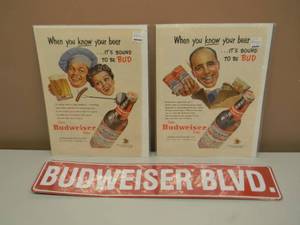 lot 41 image: VINTAGE BUDWEISER BEER ADVERTISEMENTS WITH BUDWEISER BLVD TIN SIGN STILL IN PLASTIC - COOL SET - SEE PICTURES