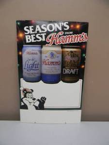 lot 44 image: VINTAGE HAMMS BEER CARDBOARD ADVERTISING - SEASONS BEST - DOUBLE SIDED - STANDING - NICE - GREAT PIECE - APPROX 12 By 19 - SEE PICTURES
