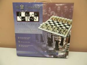 lot 48 image: THE DRINKING CHESS COLLECTION GLASS PLAYING BOARD 32 SHOT GLASS INCLUDED - Chess Playing Set - NEW IN BOX - COOL PIECE - SEE PICTURES