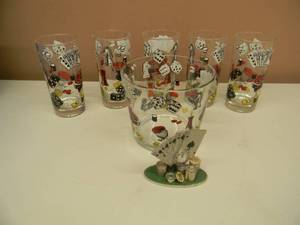 lot 56 image: Vintage Gambling Casino Poker Bar Glasses 5 & Ice Bucket - NICE - GREAT SET - SEE PICTURES