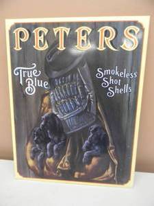 lot 64 image: VINTAGE PETERS TRUE BLUE SMOKELESS SHOT SHELLS TIN SIGN W CARDBOARD BACK - NICE - COOL PIECE - APPROX 13 By 17 - SEE PICTURES