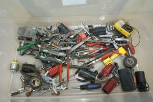 lot 19 image: Assorted Tools -Pliers, Battery Tester, Wrenches, Tin Snips