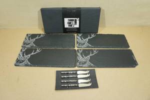 lot 182 image: 4 Mini Stag Etched Cheese Boards & Knife Set