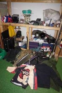 lot 220 image: Large Assortment - Jackets (Carhartt), Coins, Jewelry, Luggage, Helmets, Home Office