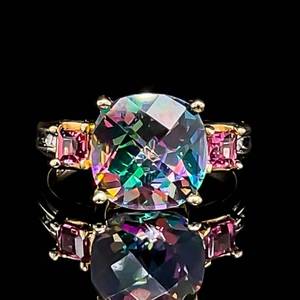 Bright Colors Pineapple Cut Mystic Topaz & Pink Tourmaline Cocktail Ring in Yellow Gold VIDEO
