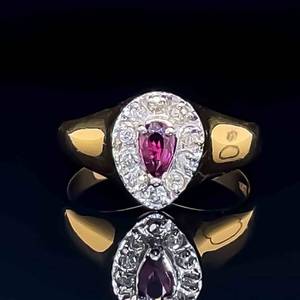 Pear Shape Natural Ruby &amp Diamond Halo Ring in 14k Yellow &amp White Two-Tone Gold