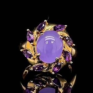 Natural Cabochon Purple Jade &amp Amethyst Decorative Wreath Cluster Ring in 14k Yellow Gold VIDEO