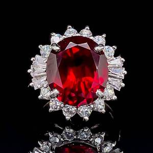 Simulated Ruby & Cubic Zirconia Halo Cluster Cocktail Split Shank Ring in 925 Sterling Silver