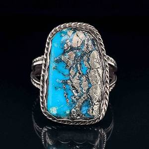 Large Turquoise & Pyrite Artisan Twisted Rope Textured Southwestern Split Shank Ring in 925 Sterling Silver