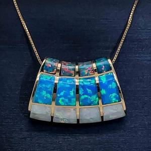 Multiple Natural Australian Opal Inlay Scalloped Slay Slide Estate Pendant in 14k Yellow Gold $1,750 Retail VIDEO
