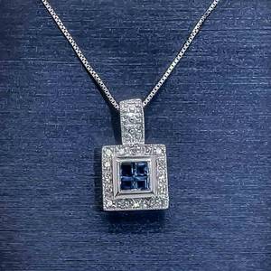 Natural Blue Sapphire &amp Diamond Art Deco Inspired Square Drop Pendant in White Gold $1,625 Retail VIDEO